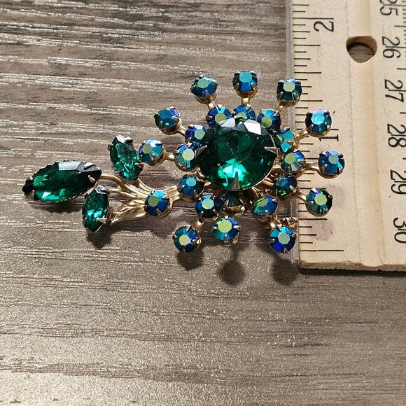 Vintage Green AB Rhinestone Flower Brooch with Navette Leaves - Picture 4 of 6